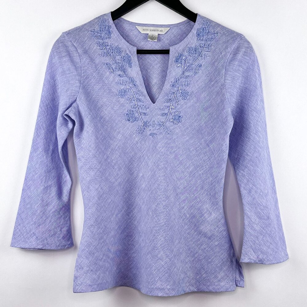 Petite Sophisticate 100% Linen Blouse Beading Detail Flared Sleeves V Neck Sz 2